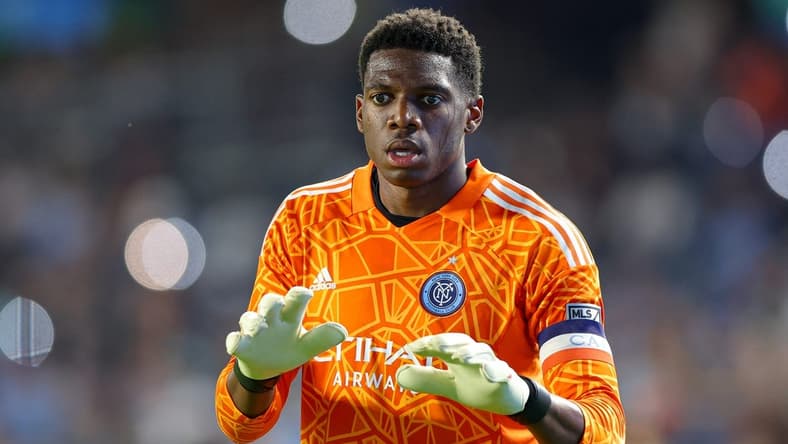Jul 23, 2022; New York, New York, USA; New York City FC goalkeeper Sean Johnson (1) reacts during the second half against Inter Miami CF at Yankee Stadium. Mandatory Credit: Vincent Carchietta-USA TODAY Sports
