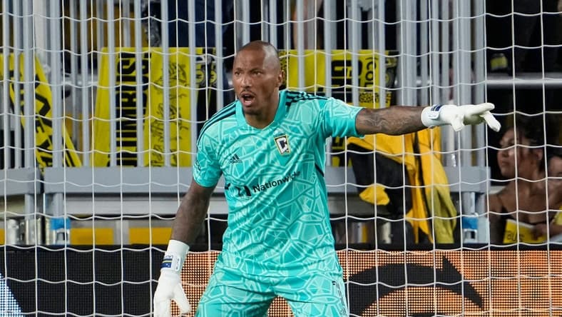 Jul 23, 2022; Columbus, Ohio, USA; Columbus Crew goalkeeper Eloy Room (1) motions from the goal during the second half of the MLS soccer game against the New England Revolution at Lower.com Field. Mandatory Credit: Adam Cairns-The Columbus Dispatch

Mls New England Revolution At Columbus Crew