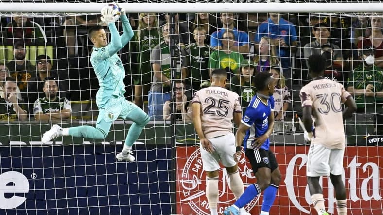 Jul 23, 2022; Portland, Oregon, USA; Portland Timbers goalkeeper Aljaz Ivacic (31) stops a shot on goal during the second half against the San Jose Earthquakes at Providence Park. The Timbers won the game 2-1. Mandatory Credit: Troy Wayrynen-USA TODAY Sports