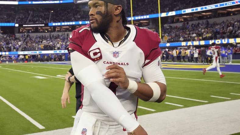 Jan 17, 2022; Los Angeles, California, USA; Arizona Cardinals quarterback Kyler Murray (1) warms up before playing against the Los Angeles Rams in the NFC Wild Card playoff game.
Nfc Wild Card Playoff Cardinals Vs Rams