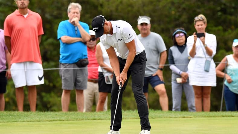 Jul 29, 2022; Bedminster, New Jersey, USA; Henrik Stenson putts on the first green during the first round of a LIV Golf tournament at Trump National Golf Club Bedminster. Mandatory Credit: Jonathan Jones-USA TODAY Sports