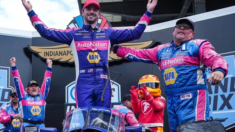Andretti Autosport driver Alexander Rossi (27) celebrates winning the Gallagher Grand Prix on Saturday, July 30, 2022 at Indianapolis Motor Speedway in Indianapolis.

Indycar Gallagher Grand Prix And Brick Yard