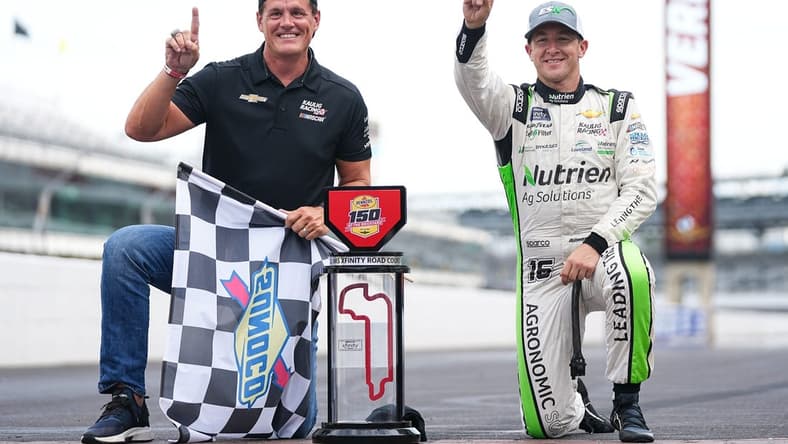 NASCAR Xfinity Series driver AJ Allmendinger (16) and Matt Kaulig, owner of Kaulig Racing, pose for a photo after winning the Pennzoil 150 at the Brickyard on Saturday, July 30, 2022 at Indianapolis Motor Speedway in Indianapolis.

Indycar Gallagher Grand Prix And Brick Yard