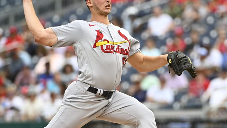 Jul 31, 2022; Washington, District of Columbia, USA; St. Louis Cardinals starting pitcher Andre Pallante (53) throws to the Washington Nationals during the first inning at Nationals Park. Mandatory Credit: Brad Mills-USA TODAY Sports