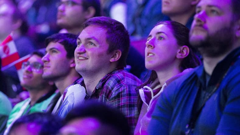 Aug 25, 2018; Vancouver, British Columbia, CAN; Fans watch as Team Evil Geniuses  plays Team LGD in the lower bracket final of the International Dota 2 Championships at Rogers Arena in Vancouver.  The championships are eSports largest annual tournament with approximately $25 million U.S. in prize money to be awarded.  Dota 2 is a free 10-player online video game with two teams of players from all over the world competing against one another in each game. Mandatory Credit: Bob Frid-USA TODAY Sports