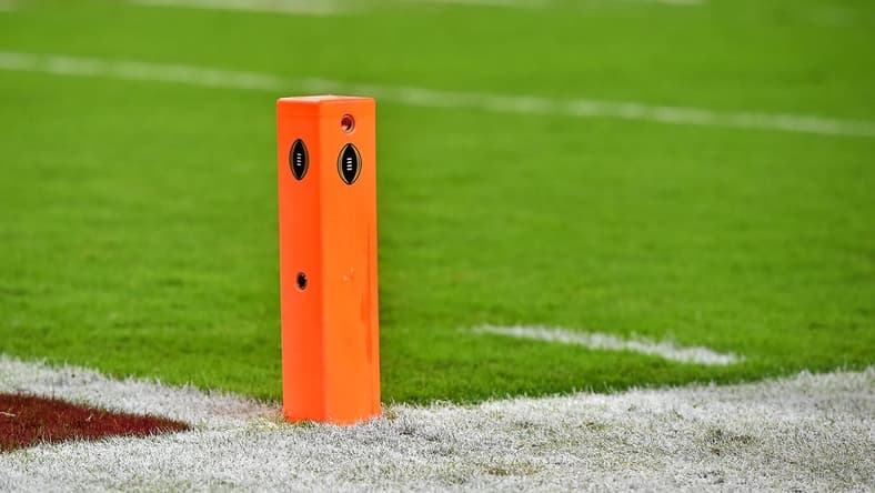 Dec 29, 2018; Miami Gardens, FL, USA; a general view of an end zone pylon on the field in the 2018 Orange Bowl college football playoff semifinal game between the Alabama Crimson Tide and the Oklahoma Sooners at Hard Rock Stadium. Mandatory Credit: Jasen Vinlove-USA TODAY Sports