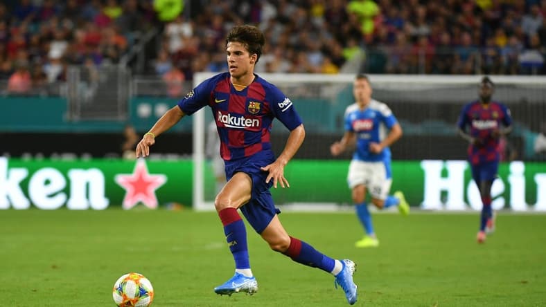 Aug 7, 2019; Miami, FL, USA; Barcelona midfielder Riqui Puig (28) during the second half of the United States La Liga-Serie A Cup Tour soccer match against Napoli at Hard Rock Stadium. Mandatory Credit: Jasen Vinlove-USA TODAY Sports