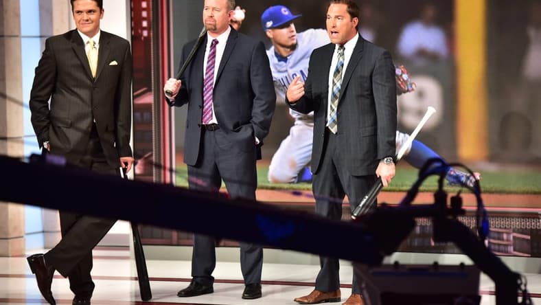 Mark DeRosa, right, a former major league player from Bergen County, now part of the Network's post-season broadcast team, tapes the MLB Tonight show, with broadcasters Greg Amsinger (L), and Sean Casey (center) in 10/12/16
Derosa Mg 11