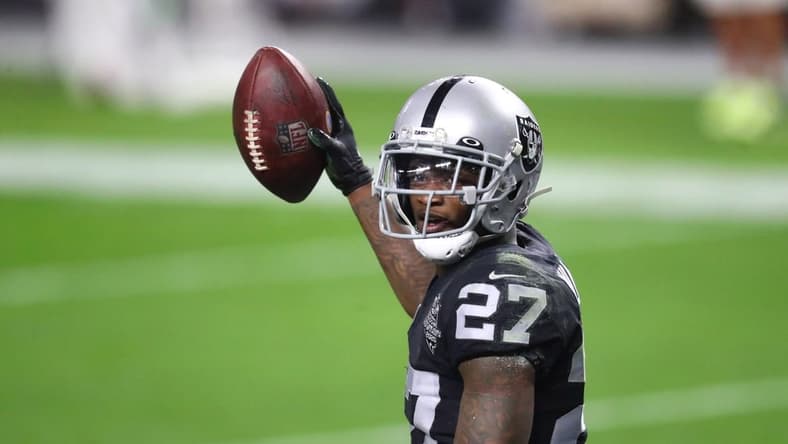 Dec 17, 2020; Paradise, Nevada, USA; Las Vegas Raiders cornerback Trayvon Mullen (27) against the Los Angeles Chargers at Allegiant Stadium. Mandatory Credit: Mark J. Rebilas-USA TODAY Sports