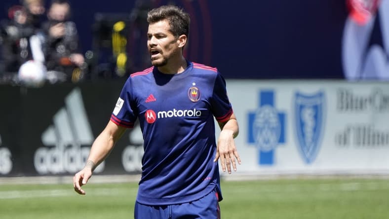 May 8, 2021; Chicago, Illinois, USA; Chicago Fire midfielder Gaston Gimenez (30) reacts against the Philadelphia Union during the first half at Soldier Field. Mandatory Credit: Mike Dinovo-USA TODAY Sports