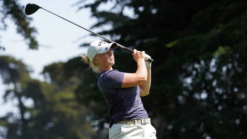 Jun 5, 2021; San Francisco, California, USA; Maja Stark plays her shot from the seventh tee during the third round of the U.S. Women's Open golf tournament at The Olympic Club. Mandatory Credit: Kyle Terada-USA TODAY Sports