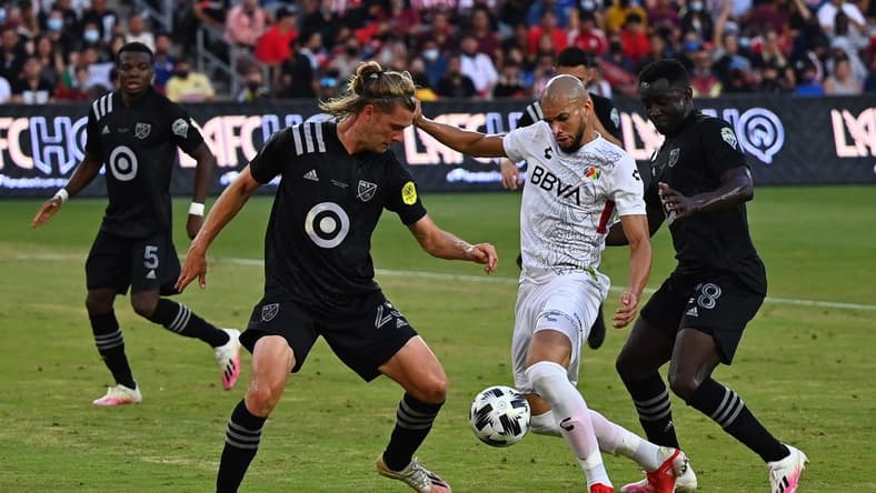 Aug 25, 2021; Los Angeles, CA, USA;   Liga MX All-Stars defender Matheus Doria (2) battles for the ball between MLS All-Stars defender Walker Zimmerman (25) and MLS All-Stars defender Yeimar Gomez (28) during the first half in the 2021 MLS All-Star Game at Banc of California Stadium.  Mandatory Credit: Jayne Kamin-Oncea-USA TODAY Sports