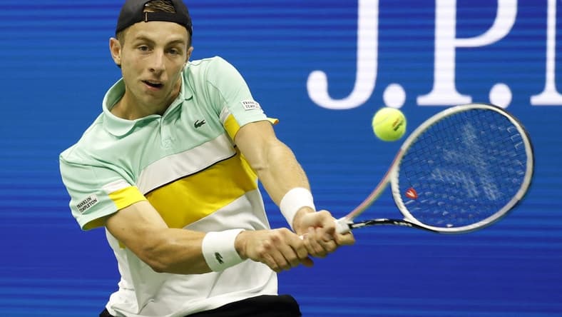 Sep 2, 2021; Flushing, NY, USA;   Tallon Griekspoor of the Netherlands hits a shot against Novak Djokovic of Serbia in a second round match on day four of the 2021 U.S. Open tennis tournament at USTA Billie Jean King National Tennis Center. Mandatory Credit: Jerry Lai-USA TODAY Sports