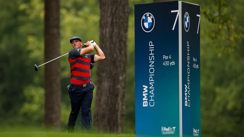Aug 29, 2021; Owings Mills, Maryland, USA; Bryson DeChambeau plays his shot from the seventh tee during the final round of the BMW Championship golf tournament. Mandatory Credit: Scott Taetsch-USA TODAY Sports