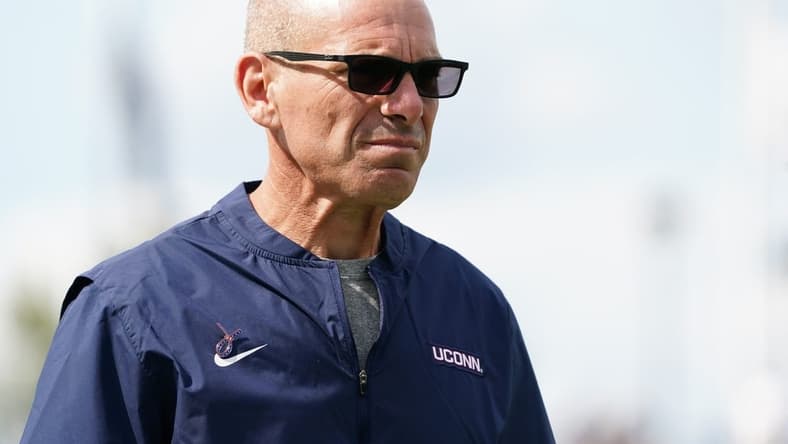 Sep 11, 2021; East Hartford, Connecticut, USA;  Connecticut Huskies defensive coordinator Lou Spanos. Mandatory Credit: David Butler II-USA TODAY Sports