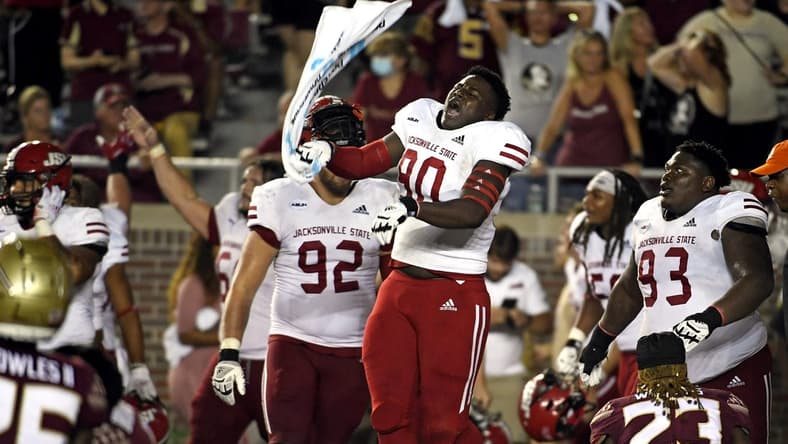 Sep 11, 2021; Tallahassee, Florida, USA; Jacksonville State Gamecocks defensive lineman Mitchell Etheridge III (90) celebrates after defeating the Florida State Seminoles at Doak S. Campbell Stadium. Mandatory Credit: Melina Myers-USA TODAY Sports