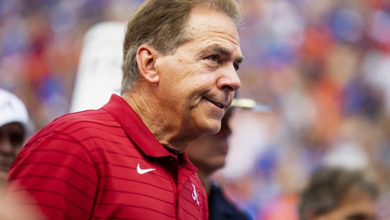 Sep 18, 2021; Gainesville, Florida, USA; Alabama Crimson Tide head coach Nick Saban reacts against the Florida Gators at Ben Hill Griffin Stadium. Mandatory Credit: Mark J. Rebilas-USA TODAY Sports