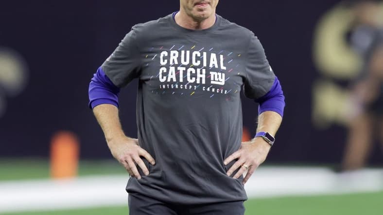 Oct 3, 2021; New Orleans, Louisiana, USA; New York Giants offensive coordinator Jason Garrett looks on before the game against New Orleans Saints at Caesars Superdome. Mandatory Credit: Stephen Lew-USA TODAY Sports