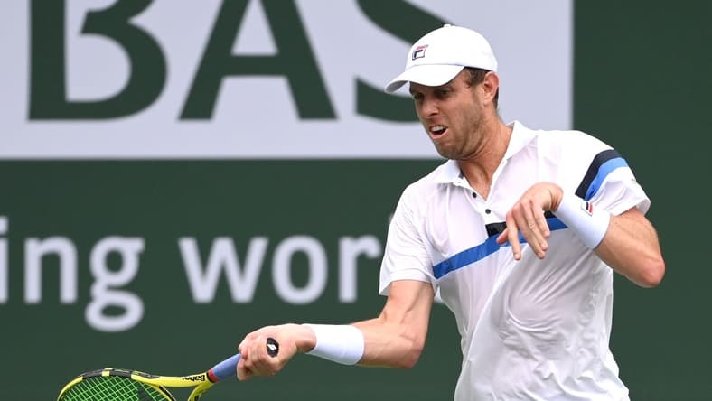 Oct 7, 2021; Indian Wells, CA, USA;  Sam Querrey (USA) hits a shot during his first round match against Daniel Altmaier (GER) in the BNP Paribas Open at the Indian Wells Tennis Garden. Mandatory Credit: Jayne Kamin-Oncea-USA TODAY Sports