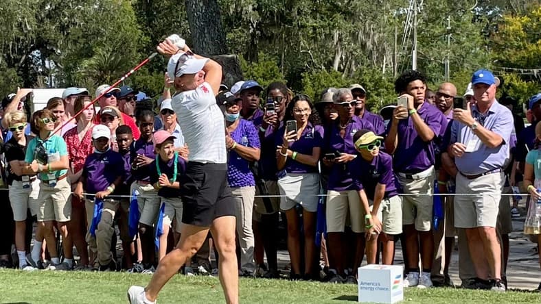 World Golf Hall of Fame member Annika Sorenstam tees off in the Constellation Furyk & Friends Celebrity Challenge for Charity on Saturday at the Timuquana Country Club.

Annika