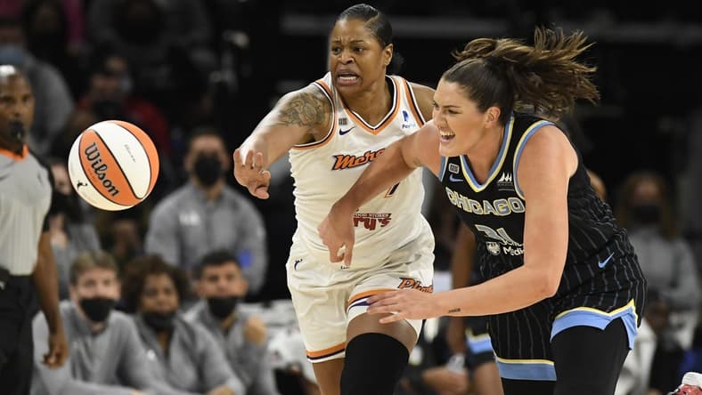Oct 17, 2021; Chicago, Illinois, USA; Phoenix Mercury center Kia Vaughn (1) and Chicago Sky center Stefanie Dolson (31) during the first half of game four of the 2021 WNBA Finals at Wintrust Arena. Mandatory Credit: Matt Marton-USA TODAY Sports
