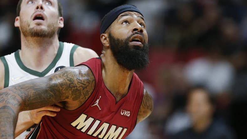 Oct 21, 2021; Miami, Florida, USA; Miami Heat forward Markieff Morris (8) covers Milwaukee Bucks guard Pat Connaughton (24) during the second quarter of the game at FTX Arena. Mandatory Credit: Sam Navarro-USA TODAY Sports