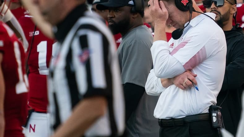 Oct 30, 2021; Lincoln, Nebraska, USA; Nebraska Cornhuskers head coach Scott Frost reacts after an interception by the Purdue Boilermakers during the fourth quarter at Memorial Stadium. Mandatory Credit: Dylan Widger-USA TODAY Sports