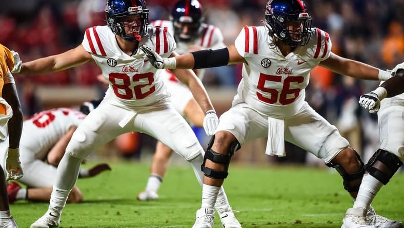 Oct 16, 2021; Knoxville, Tennessee, USA; Mississippi Rebels tight end Luke Knox (82) and offensive lineman Reece McIntyre (56) blocking during the second half against the Tennessee Volunteers at Neyland Stadium. Mandatory Credit: Bryan Lynn-USA TODAY Sports