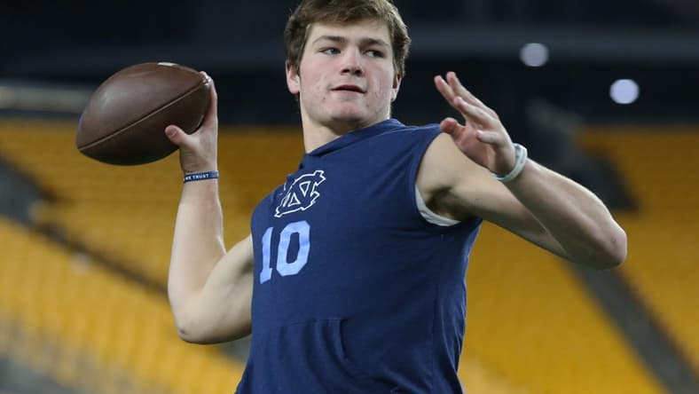 Nov 11, 2021; Pittsburgh, Pennsylvania, USA;  North Carolina Tar Heels quarterback Drake Maye (10) warms up before the game against the Pittsburgh Panthers at Heinz Field. Mandatory Credit: Charles LeClaire-USA TODAY Sports
