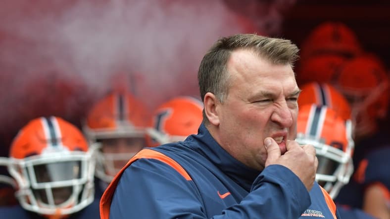 Nov 27, 2021; Champaign, Illinois, USA;  Illinois Fighting Illini head coach Bret Bielema waits to take the field with his players during Saturday   s game with the Northwestern Wildcats at Memorial Stadium. Mandatory Credit: Ron Johnson-USA TODAY Sports