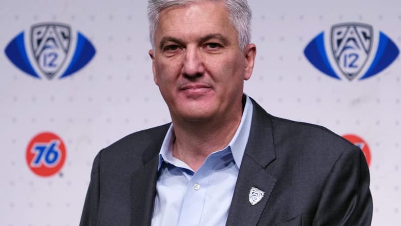 Dec 3, 2021; Las Vegas, NV, USA; Pac-12 commissioner George Kliavkoff speaks before the 2021 Pac-12 Championship Game between the Oregon Ducks and the Utah Utes at Allegiant Stadium. Mandatory Credit: Kirby Lee-USA TODAY Sports