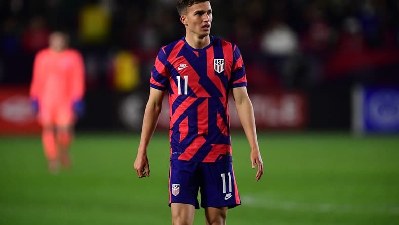 Dec 18, 2021; Carson, California, USA; USA forward Cole Bassett reacts against Bosnia & Herzegovina during an International Friendly Soccer match in the second half at Dignity Health Sports Park. Mandatory Credit: Gary A. Vasquez-USA TODAY Sports