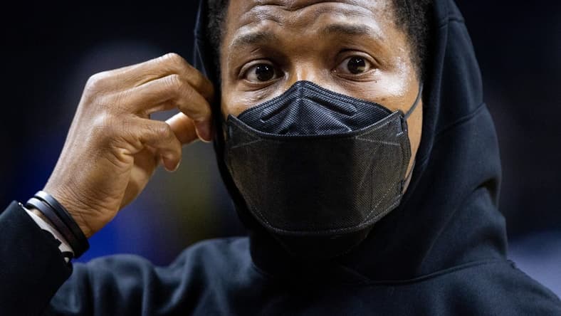 Dec 15, 2021; Philadelphia, Pennsylvania, USA; Miami Heat guard Kyle Lowry wears a mask for covid protection before a game against the Philadelphia 76ers at Wells Fargo Center. Mandatory Credit: Bill Streicher-USA TODAY Sports