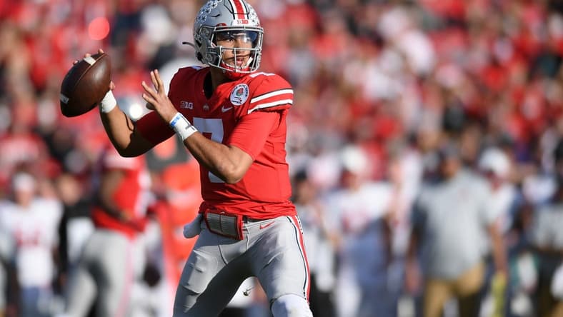 Jan 1, 2022; Pasadena, CA, USA; Ohio State Buckeyes quarterback C.J. Stroud (7) throws a pass against the Utah Utes in the first quarter during the 2022 Rose Bowl college football game at the Rose Bowl. Mandatory Credit: Orlando Ramirez-USA TODAY Sports