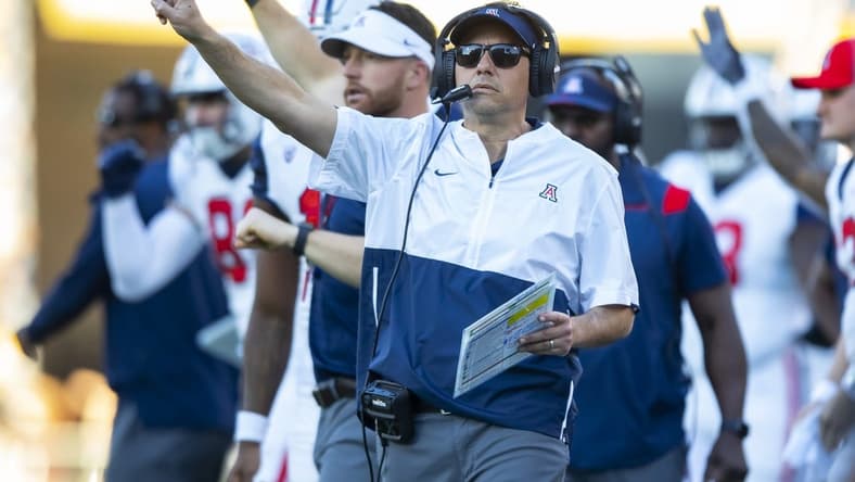 Nov 27, 2021; Tempe, Arizona, USA; Arizona Wildcats head coach Jedd Fisch against the Arizona State Sun Devils during the Territorial Cup at Sun Devil Stadium. Mandatory Credit: Mark J. Rebilas-USA TODAY Sports