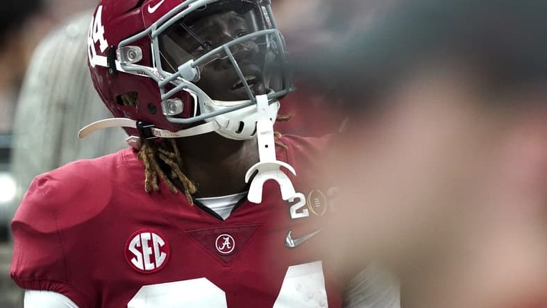 Jan 10, 2022; Indianapolis, IN, USA; Alabama wide receiver Agiye Hall (84) reacts as time runs off the clock during the 2022 CFP college football national championship game at Lucas Oil Stadium. Georgia defeated Alabama 33-18. Mandatory Credit: Gary Cosby Jr.-USA TODAY Sports