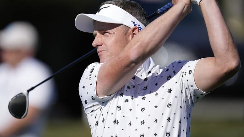 Feb 4, 2022; Pebble Beach, California, USA; Luke Donald plays his shot on the sixth tee during the second round of the AT&T Pebble Beach Pro-Am golf tournament at Pebble Beach Golf Links. Mandatory Credit: Ray Acevedo-USA TODAY Sports
