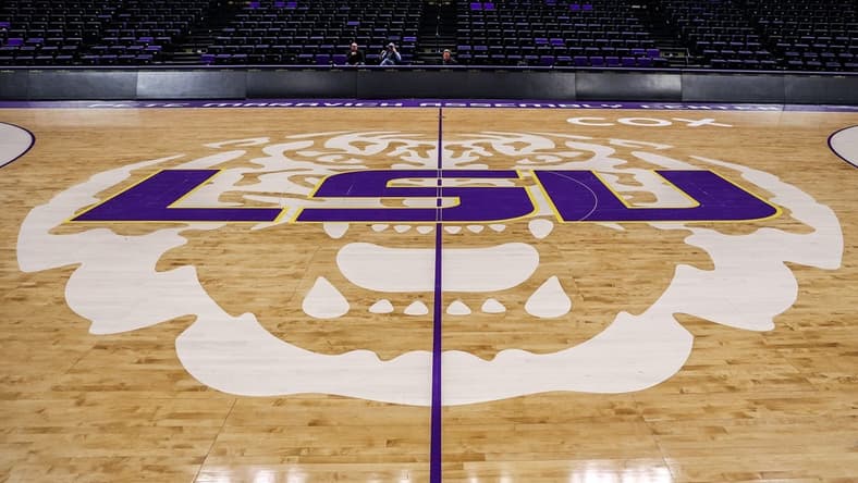 Feb 12, 2022; Baton Rouge, Louisiana, USA;  Detailed view of the mid court tiger logo before the game between the LSU Tigers and the Mississippi State Bulldogs at the Pete Maravich Assembly Center. Mandatory Credit: Stephen Lew-USA TODAY Sports