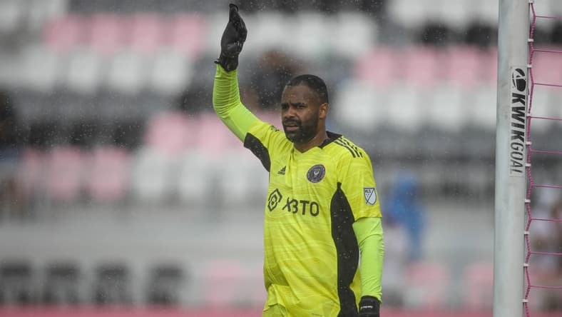 Mar 12, 2022; Fort Lauderdale, Florida, USA; Inter Miami CF goalkeeper Clement Diop (94) reacts from the goal line during the second half of the game against Los Angeles FC at Inter Miami CF Stadium. Mandatory Credit: Sam Navarro-USA TODAY Sports