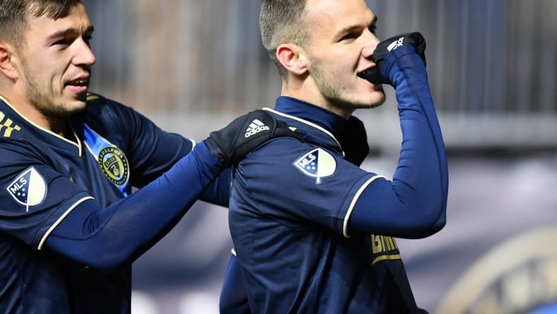 Mar 12, 2022; Philadelphia, Pennsylvania, USA; Philadelphia Union midfielder Daniel Gazdag (6) celebrates a goal in the second half against the San Jose Earthquakes at Subaru Park. Mandatory Credit: Kyle Ross-USA TODAY Sports