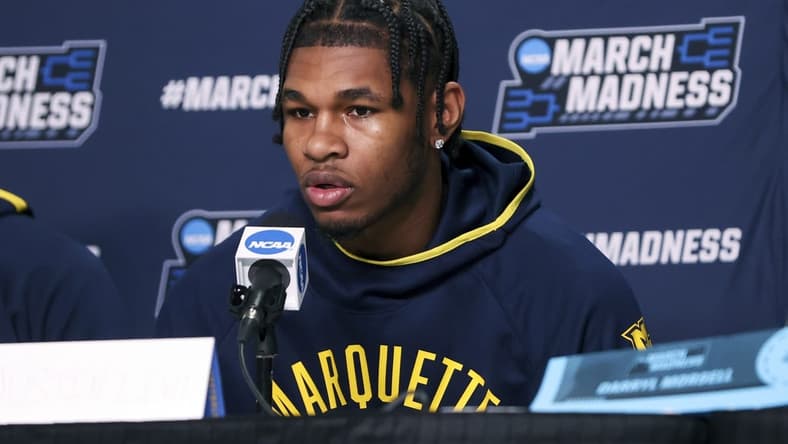 Mar 16, 2022; Fort Worth, TX, USA; Marquette Golden Eagles forward Justin Lewis speaks to the media during practice before the first round of the 2022 NCAA Tournament at Dickies Arena. Mandatory Credit: Kevin Jairaj-USA TODAY Sports
