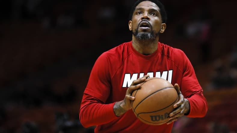 Mar 28, 2022; Miami, Florida, USA; Miami Heat forward Udonis Haslem (40) shoots the basketball prior to the game against the Sacramento Kings at FTX Arena. Mandatory Credit: Sam Navarro-USA TODAY Sports