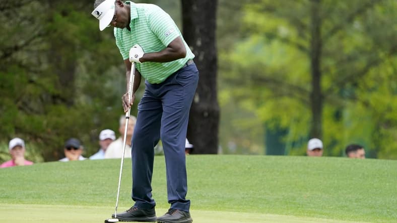Apr 7, 2022; Augusta, Georgia, USA; Vijay Singh putts on the no. 6 green during the first round of The Masters golf tournament at Augusta National Golf Club. Mandatory Credit: Danielle Parhizkaran-Augusta Chronicle/USA TODAY Sports