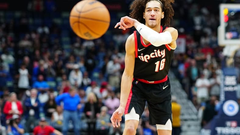 Apr 7, 2022; New Orleans, Louisiana, USA; Portland Trail Blazers forward CJ Elleby (16) passes the ball against the New Orleans Pelicans during the first quarter at Smoothie King Center. Mandatory Credit: Andrew Wevers-USA TODAY Sports