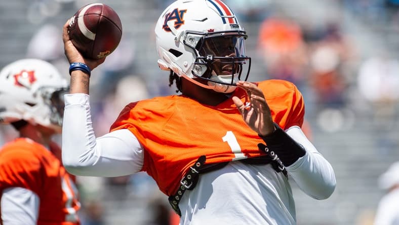 Auburn Tigers quarterback T.J. Finley (1) warms up during the A-Day spring practice at Jordan-Hare Stadium in Auburn, Ala., on Saturday, April 9, 2022.