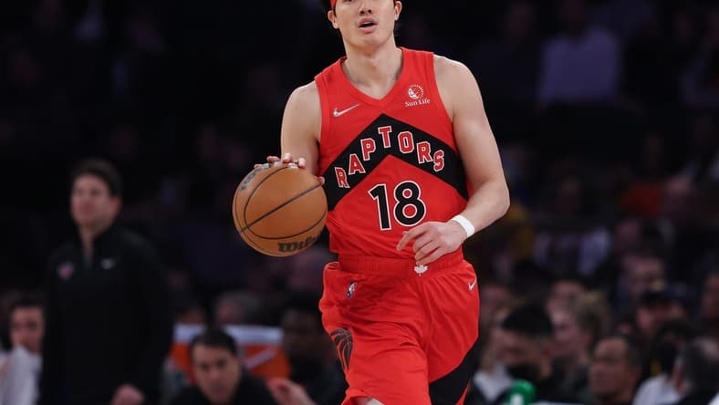 Apr 10, 2022; New York, New York, USA; Toronto Raptors forward Yuta Watanabe (18) dribbles up court against the New York Knicks during the first half at Madison Square Garden. Mandatory Credit: Vincent Carchietta-USA TODAY Sports