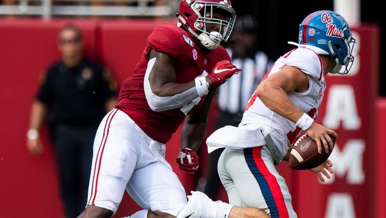 Alabama linebacker Christopher Allen (4) chases Ole Miss quarterback John Rhys Plumlee (10) at Bryant-Denny Stadium in Tuscaloosa, Ala., on Saturday September 28, 2019.

Allen501