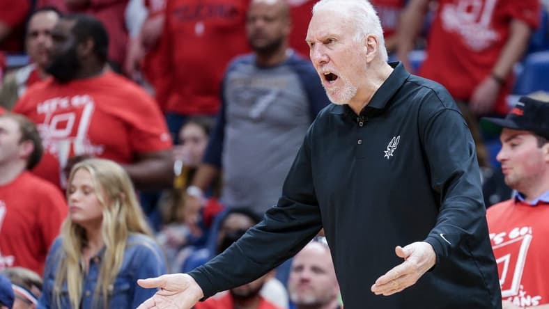 Apr 13, 2022; New Orleans, Louisiana, USA; San Antonio Spurs head coach Gregg Popovich reacts to a play against the New Orleans Pelicans during the second half of a play-in playoff game at the Smoothie King Center. Mandatory Credit: Stephen Lew-USA TODAY Sports