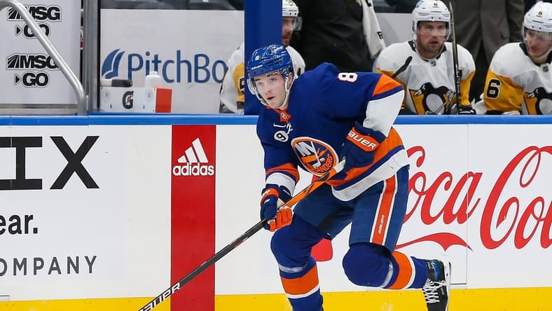 Apr 12, 2022; Elmont, New York, USA; New York Islanders defenseman Noah Dobson (8) skates with the puck against the Pittsburgh Penguins during the second period at UBS Arena. Mandatory Credit: Tom Horak-USA TODAY Sports