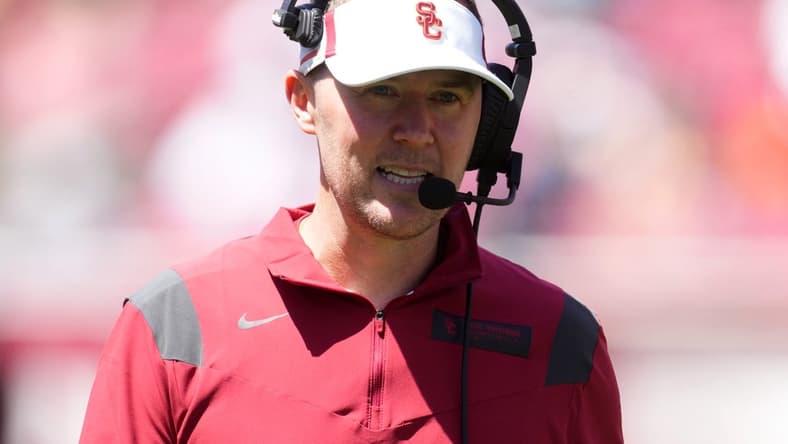 Apr 23, 2022; Los Angeles, CA, USA; Southern California Trojans coach Lincoln Riley during the spring game at the Los Angeles Memorial Coliseum. Mandatory Credit: Kirby Lee-USA TODAY Sports